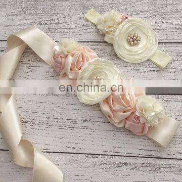 Satin Floral Sashes & Headbands Set Baby Champagne Flower Lace Bows Belt With Pearl Bridesmaid Hairbands