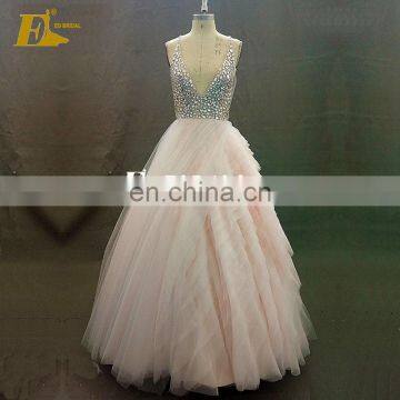 Sexy Bling Bling Crystal Deep V Neck Ball Gown Tulle Light Pink Prom Dress 2017