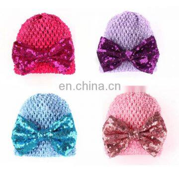 2017 new fashion Printed knitted children's baby hat Sequined bow hollow hat