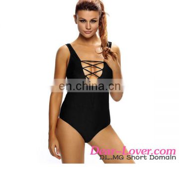 Solid Black Lace Up V Neck Teddy Private Label Swimwear Manufacturer