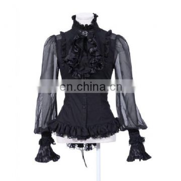 Gothic ruffled high neck shirt with puffed sleeves and jabot with brooch