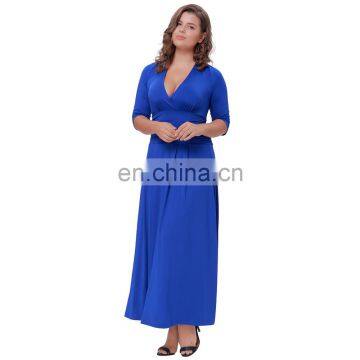 Hanna Nikole Women's Solid Color Plus Size 3/4 Sleeve V-Neck Blue Evening Party Dress HN0023-3