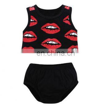 Summer Baby Girl Outfits Lips Sleeveless T Shirt And Short Black Pants For Baby Girl Boutique Outfits