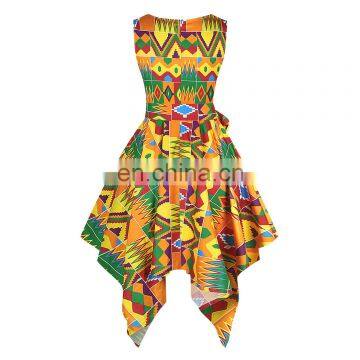 Oem wholesale summer women casual and classy scarf shape bottom zip up africa print dress manufacturer