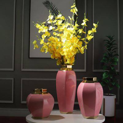 Chinese jingdezhen modern simple gild pink red ceramic vase for showroom bedroom