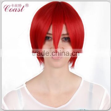 short straight red synthetic cosplay boys wig