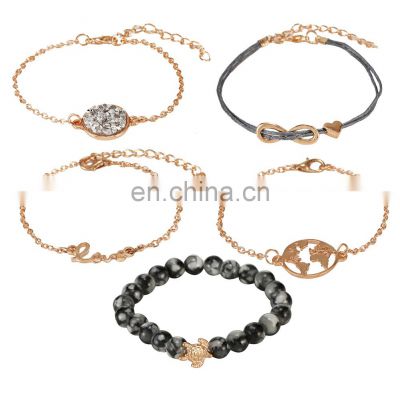 High quality Romantic fashionable, 5 Pieces Set Love Letter World Map Turtle Natural Bead Bracelet Jewelry For Women/