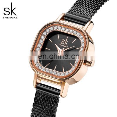 SHENGKEG New Designs Lady Square Watch K0170L-1Women Stainless Steel Mesh Watch Charming Rhinestone Watch