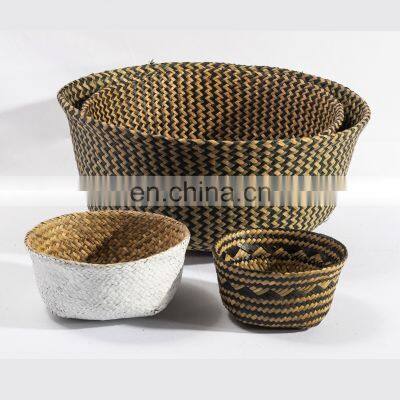 HBK Handmade Foldable Nature Plant Toys Kid Flower Seagrass Laundry Belly Basket With Handle photo-4