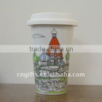 Factory directly sell double walled porcelain mug silicon lid