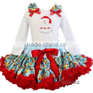 Xmas Blue Reindeer Pettiskirt Santa HoHoHo Tutu White Tee Party Dress