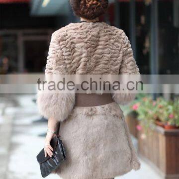 Long Women's 100% Real Rabbit Fur Coat With Fox Fur Cuff photo-2