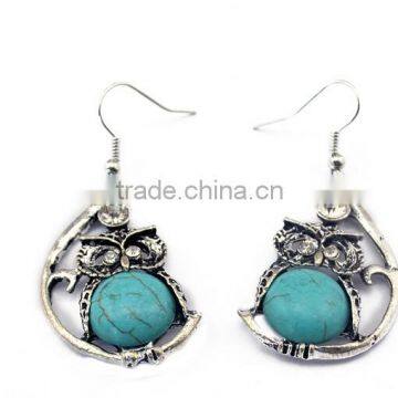 New Arrival Fashion Bohemia owl Silver Plated Turquoise Pendant Alloy Earrings