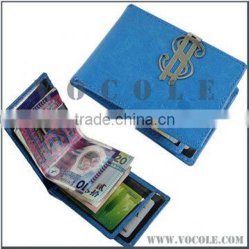 $ shape stainless steel money clip genuine leather card holder wallet