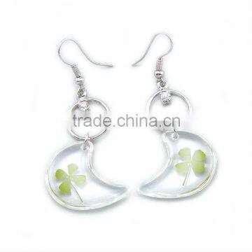 Real lucky four leaf clover flower earrings with moon shape