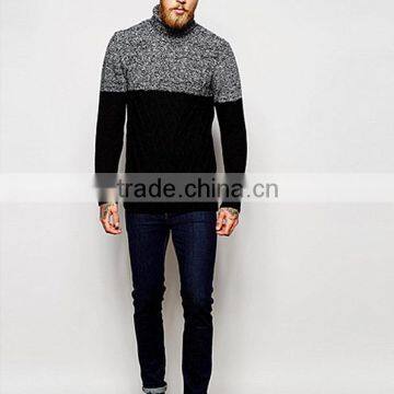 Roll Neck men Jumper with Colour Block Cable, men fashion turtle neck sweater popular wholesale