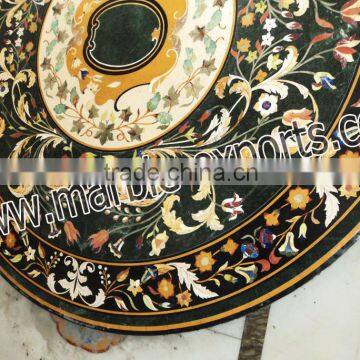 Large Green Marble Round Shape Dinning Table Top, Pietra Dura Marble Table