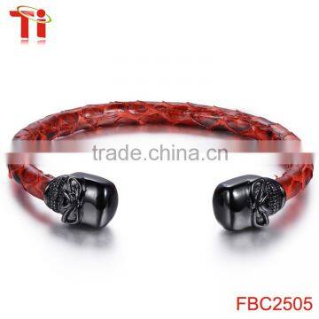 2016 genuine mens gay red & black leather skull bracelet ,size 6mm