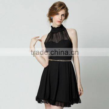 New Fashion High Neck Black Color Sleeveless Rufffled Trim Chiffon Sexy Women Summer Dress