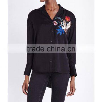 Wholesale Women Black Long Sleeves Hoxton Bird Embroidered Satin Shirt(DQE0108T) photo-2