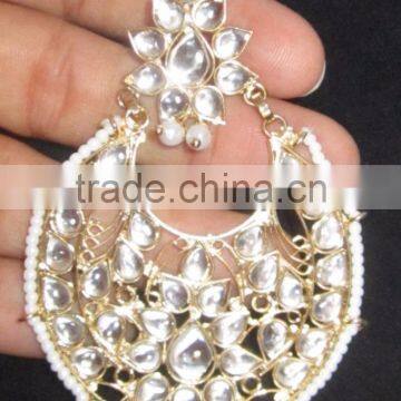 JADAU KUNDAN GOLD PLATED Dangler Chand Bali EARRINGS TIKA SET Real Look photo-2