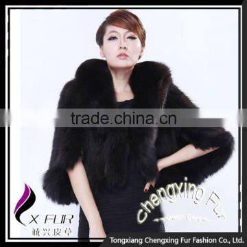 CX-B-M-41C Fashion Wholesale Women Knitted Mink Shawl With Fox Fur Trim