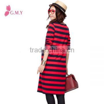 Red and Black Striped Knitted Maternity Dresses, Long Sleeve Cotton T-shirt Dress for Pregnant photo-2