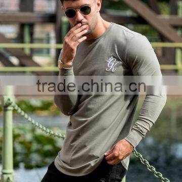 2016 Hot Sale Men's Long Sleeve Curved Hem T Shirt 96% Cotton 4% Spandex Longline Gym Fitted T Shirt OEM Long Drop T Shirt