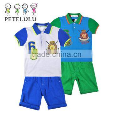 China wholesale kids clothing 2-piece embroidered graphic polo tops+short sets boys pique sports suits