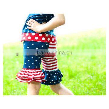 Boutique Wholesale Baby Girls 4th of July Outfit Toddler Red Stripe with Navy Blue Dot Doule Ruffle Shorts