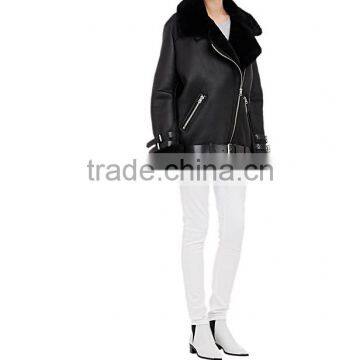 Draped-Collar Shearling Biker Jacket for Lady photo-3