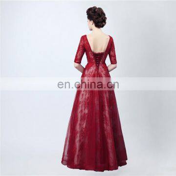 Real Sample Fashion A Line Lace-up Scoop Floor-length Lace Appliqued Formal 1/2 Long Sleeve Backless Party Evening Dresses photo-5