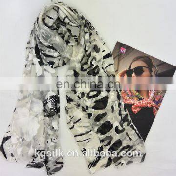 Burnout silk rayon satin scarf with animal tiger leopard print