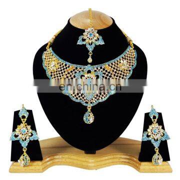 Fancy Intricate Design Turquoise Color Flower Gold Plated Kundan Zerconic Necklace Earrings Tikka