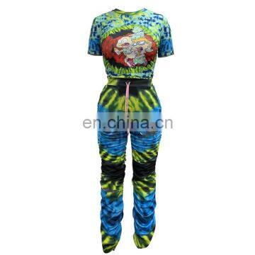 Wholesale Tie Dye With Carton Printing 2 Piece Joggers Crop Top and Stacked Hollow Out Pants Set photo-2
