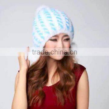 Women's Winter Knitted Fur Ear Caps Real Mink Fur With Fox Fur Pom Pom Hat