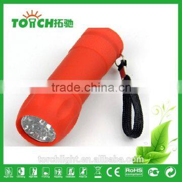 super bright Promotion mini 9 LED flashlight with rubber coating for outdoor camping use AAA battary mini 9 leds lamp