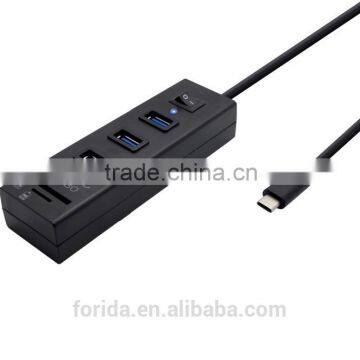 USB 3.1 Type-C (USB-C) Hub combo 3 USB3.0 Port and High speed SD TF MMC card reader with Power Switch