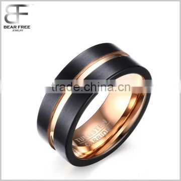 8mm Black Mens Tungsten Carbide Ring Matte Wedding Band with Rose Gold Plated Groove & Inner