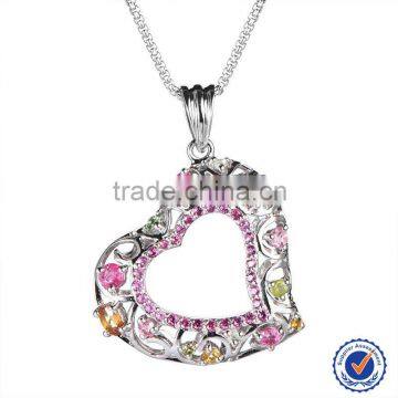 Heart Shapped Sterling Silver Frame Prong Setting Multi Colored Tourmaline Pendant