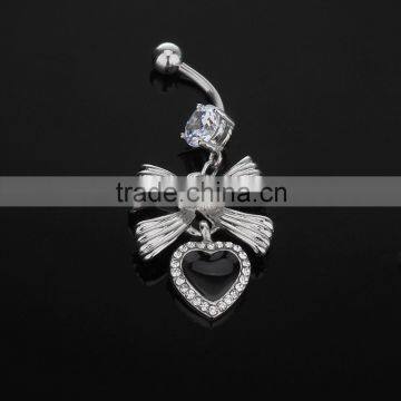 Sliver Bowknot With Multi Clear Gems Paved Edge and Black CZ Inlay Heart Drop Dangle Belly Button Naval Ring.