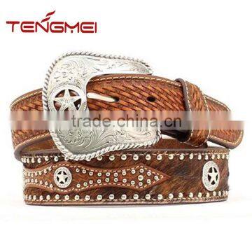 Rhinestone Star Studded Hair-On-Hide Basketweave Overlay Strap Western Men Belt