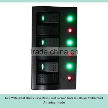 New Waterproof Black 6 Gang Marine Boat Caravan Truck LED Rocker Switch Panel