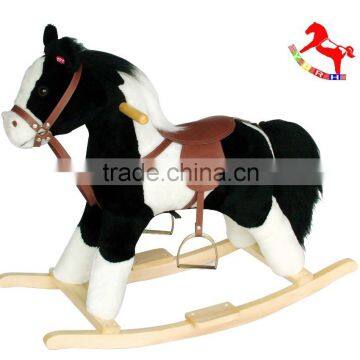 L74*H75*W28cm promotional customized stuffed black children plush rocking horse toy with wooden base&music