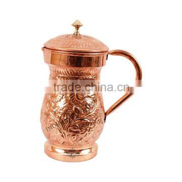 IndianArtVilla Handmade Pure Copper Designer Jug Pitcher 1500 ML - Storage Water Home Hotel Restaurant Benefit Yoga Ayurveda