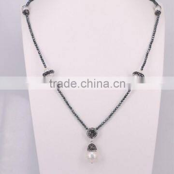 Natural Gem Pearl Necklace, with 3mm Hematite Beads Necklace, Drop Pearl Pendant Charm, Druzy Fashion Gemstone Necklace