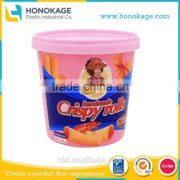 Cheap IML Logo Design Plastic Biscuit Box, Round Biscuit Container with Lid Packaging Suppliers