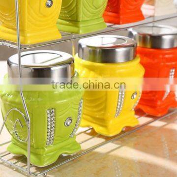 Colour Ceramic Canister Set With Stainless Metal Stand photo-4