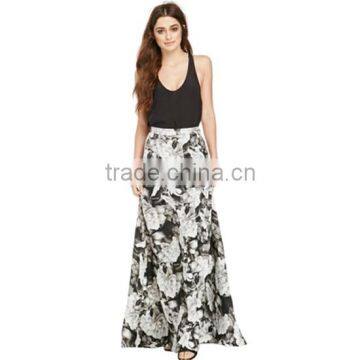 Long Chiffon White and Black Floral Print Flowy Elegant Maxi Skirt