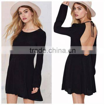 Long Sleeve Black Open Back tie neck women casual cotton summer dress